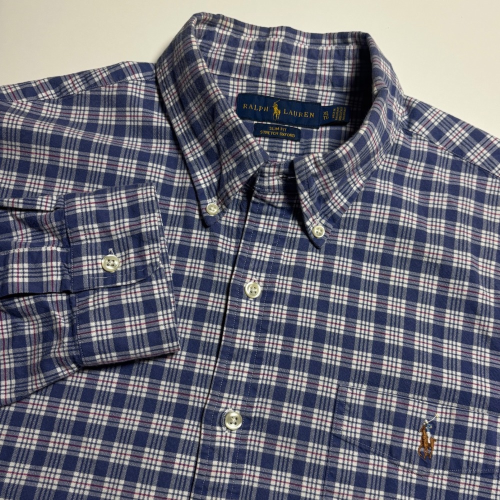 Ralph Lauren Slim Fit Stretch Oxford Mens XL Blue White Plaid Button Down Shirt